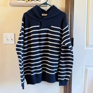 J Crew Men’s L Navy and White Striped Men's Sweater Cowl Turtleneck 100% Cotton